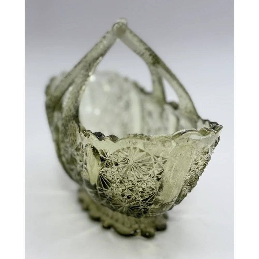 Vintage Fenton Art Glass Colonial Green Daisy Button Split Twig Handle Basket 6”